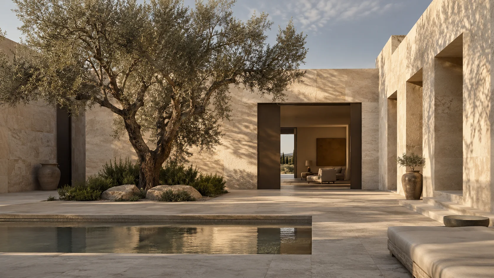 Imagined limestone courtyard home with olive trees and warm afternoon light