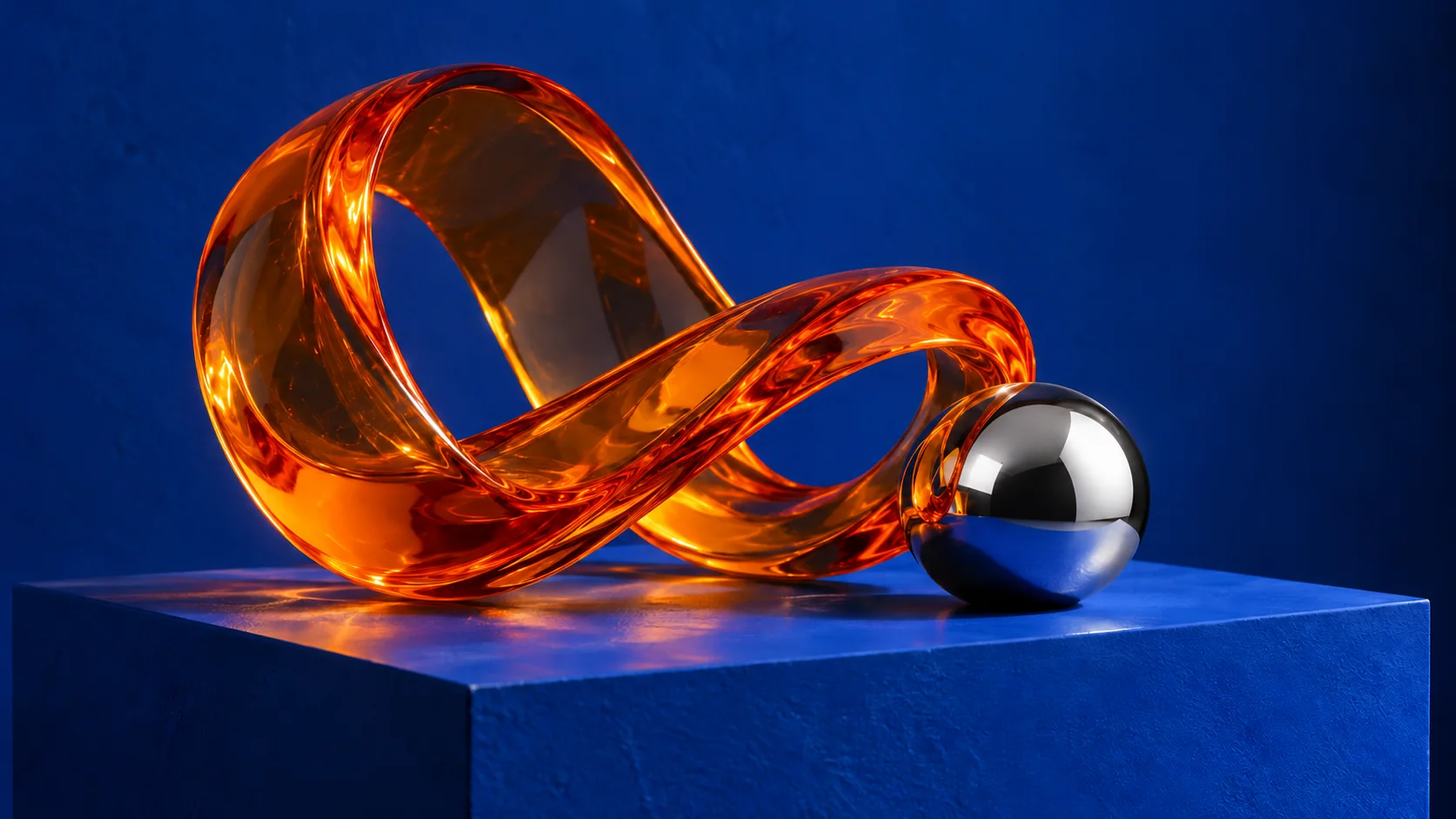Orange glass sculpture and a reflective chrome sphere against cobalt blue