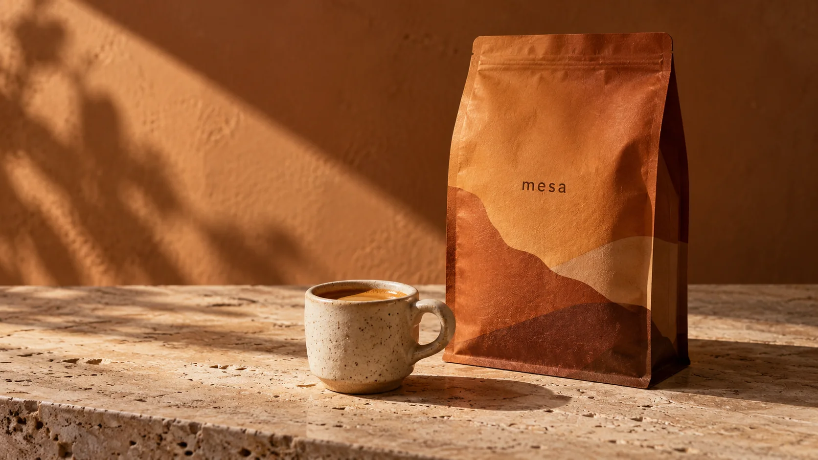 Mesa coffee packaging and a ceramic cup on sunlit travertine